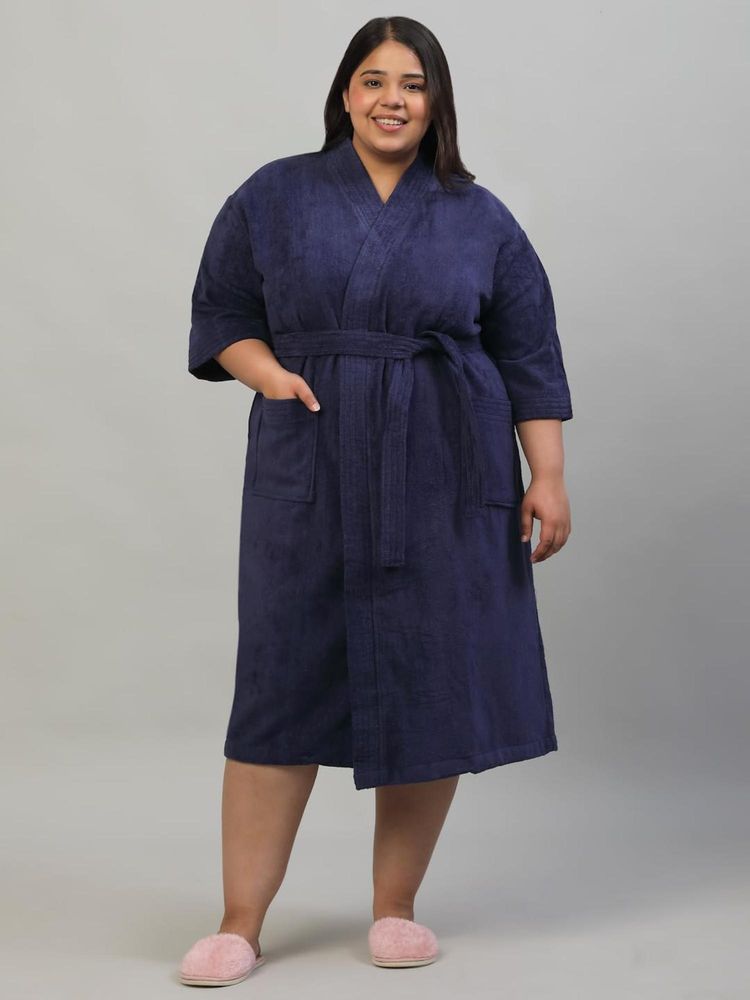 Creeva Unisex Navy Blue Kimono Collar Plus Size Luxury Cotton Bathrobe-image-14