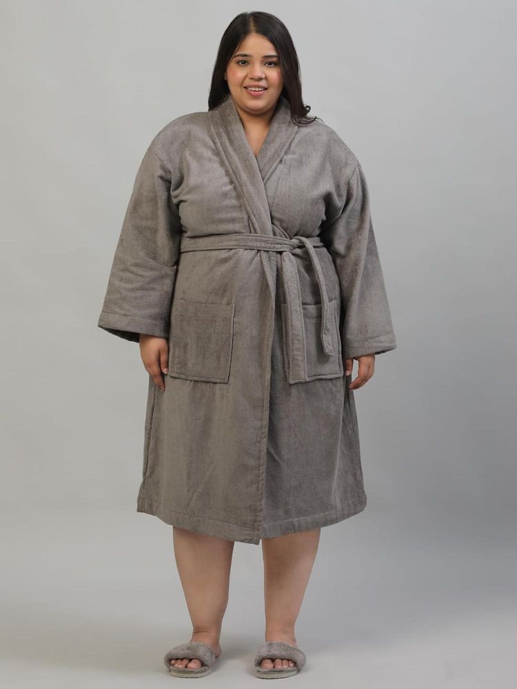 Creeva Unisex Shawl Collar Charcoal Plus Size Luxury Cotton Bathrobe-image-9