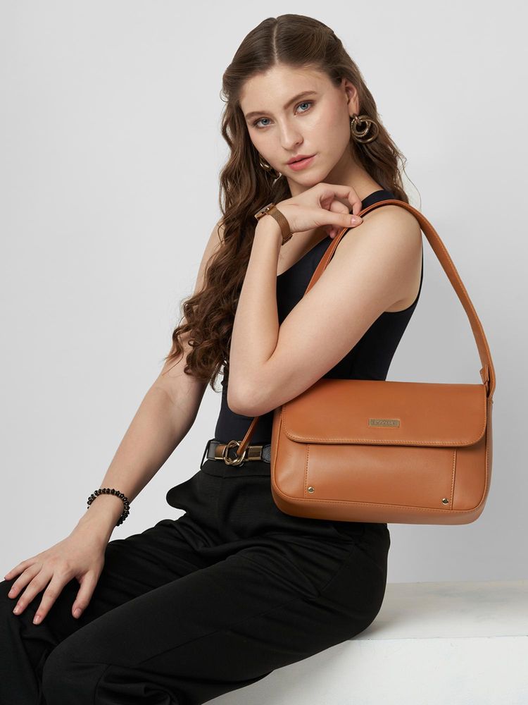 Caprese Tan Faux Leather Solid Handbag-image-2