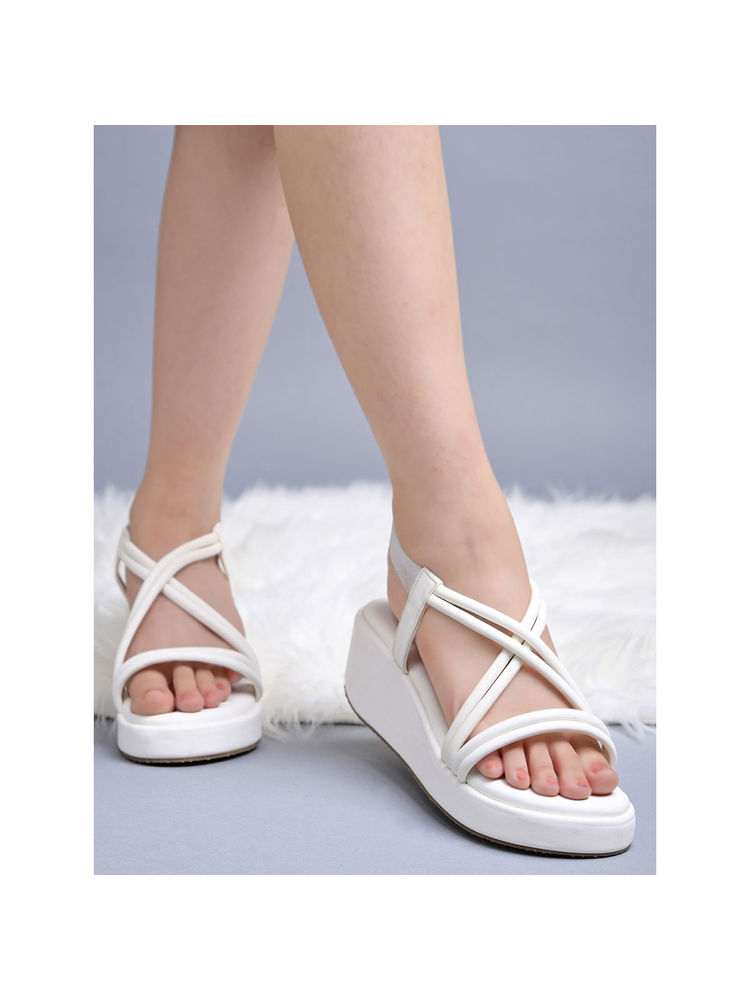 Shoetopia Solid Criss-Cross Straps White Wedges for Women-image-30