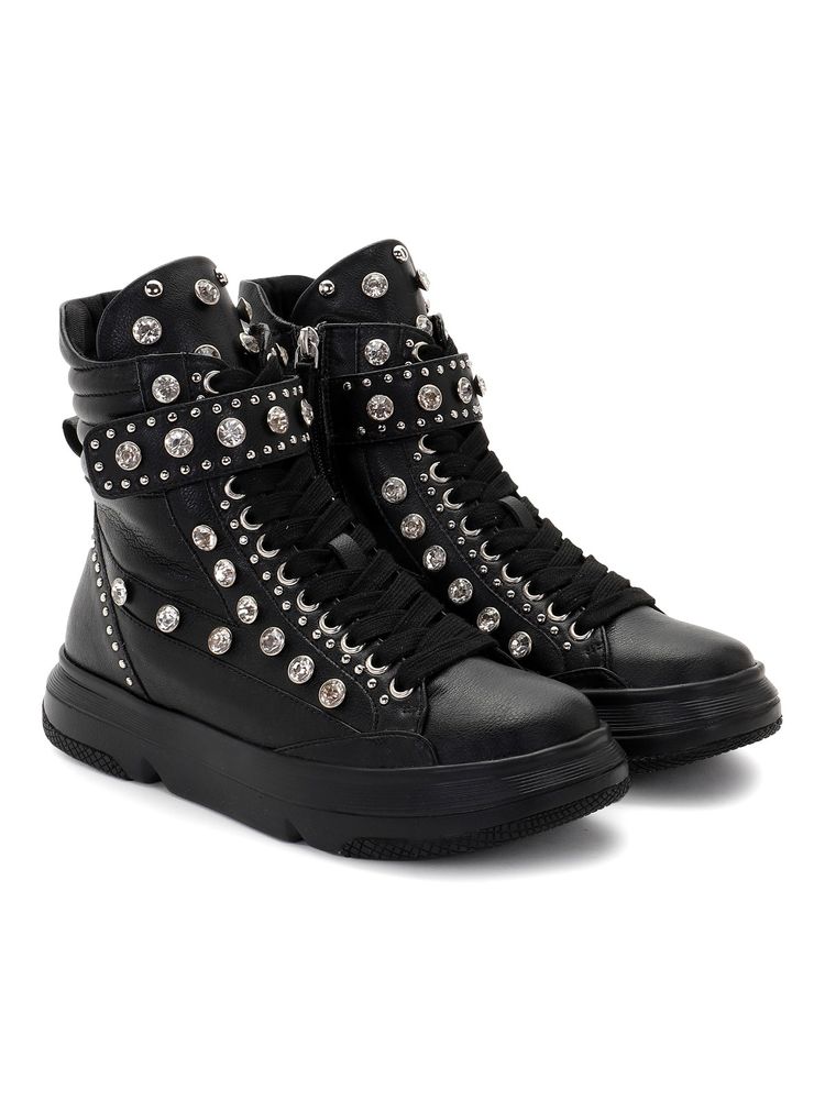 Whitesta Black Pu Coated Leather And Glass Studd Women Boots-picture-14