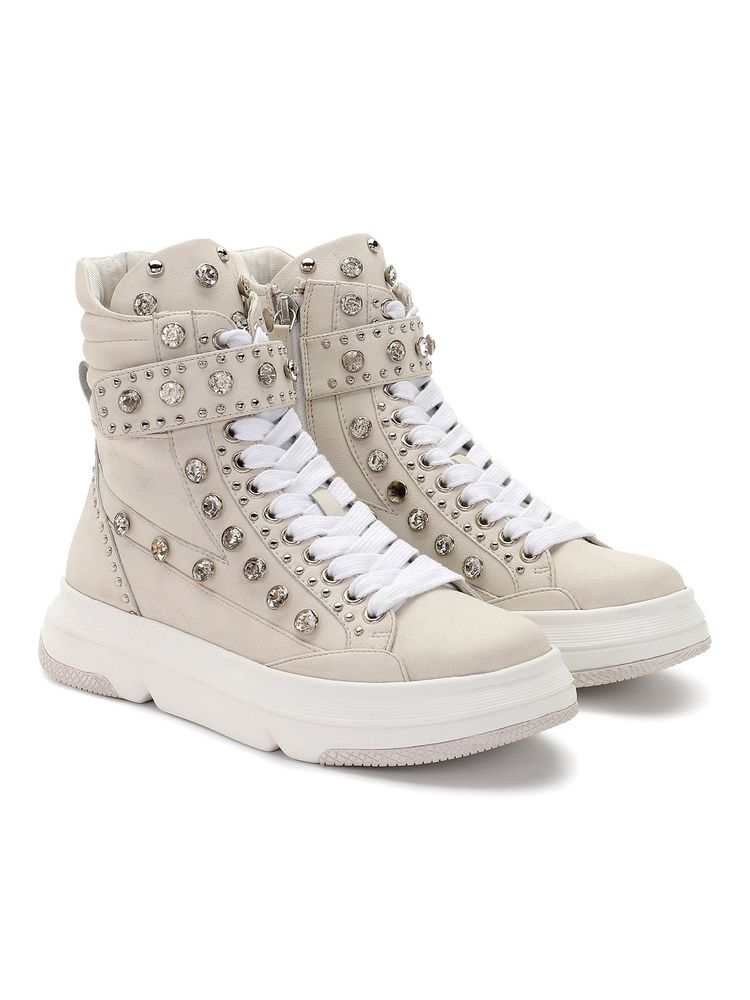 Whitesta Ivory Pu Coated Leather And Glass Studd Women Boots-image-18