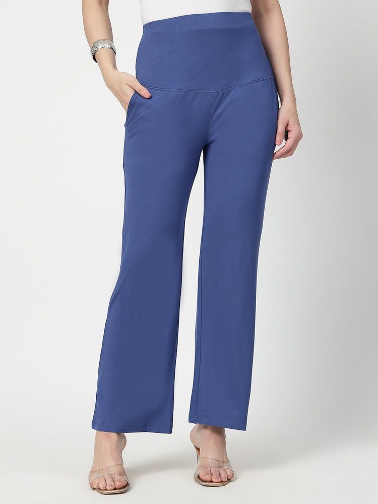 Zelena Flared High Waist Maternity Pants Soft Belly Support - Denim Blue-image-3