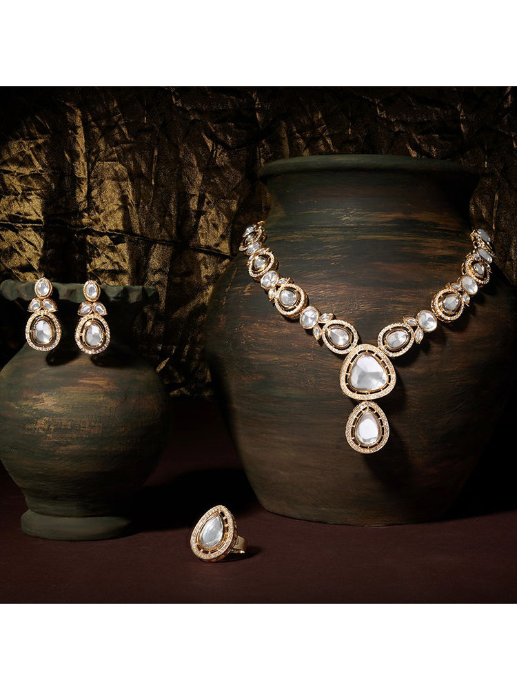 Zaveri Pearls Gold Tone Stones Austrian Diamonds Necklace Earrings & Ring Set-picture-10