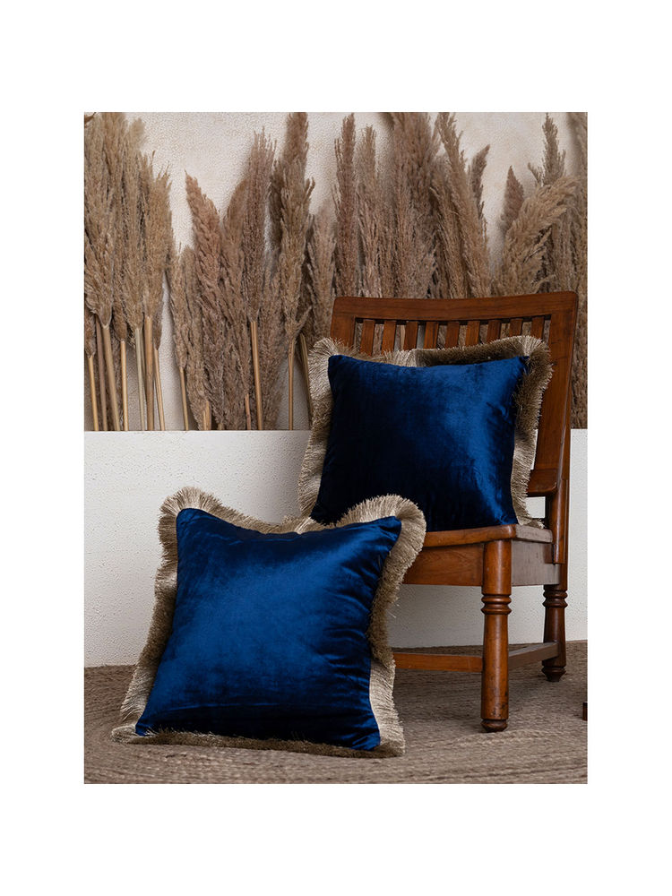 BELIHODE Midnight Sapphire Fringed Velvet Cushion Cover (Pack of 2) (16x16 inches)