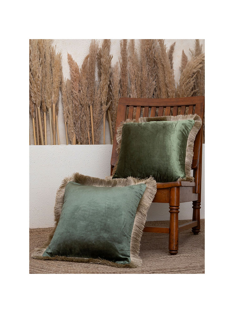 BELIHODE Evergreen Fringed Velvet Cushion Cover (Pack of 2) (16x16 inches)-picture-14