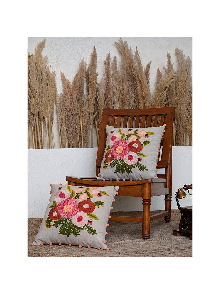 BELIHODE Magnolia Majesty Hand Embroidered Cushion Cover (Pack of 2) (16x16 inches)-image-8
