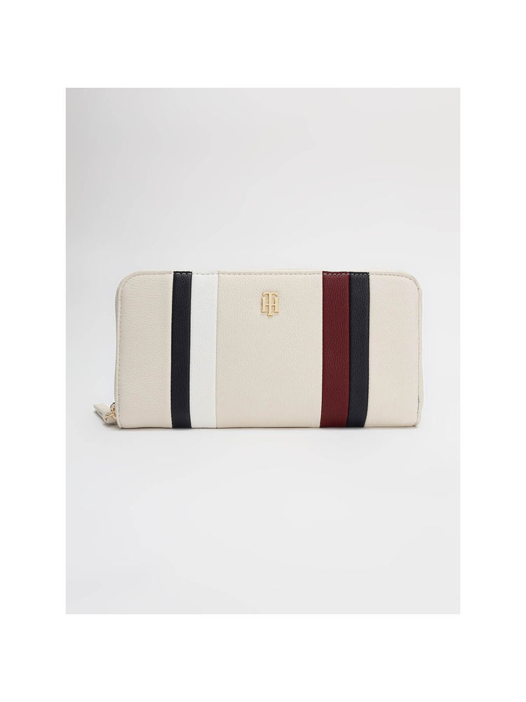 Tommy Hilfiger Striped Beige Pu Zip-Around Wallet