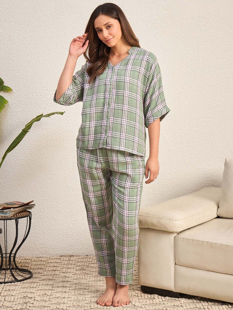 July Nightwear Women Double Cloth Green Shirt & Pyjama-picture-28
