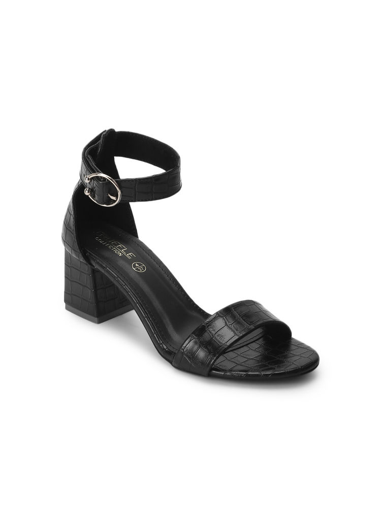 Truffle Collection Black Pu Snake Pattern Sandals With Ankle Strap-image-2
