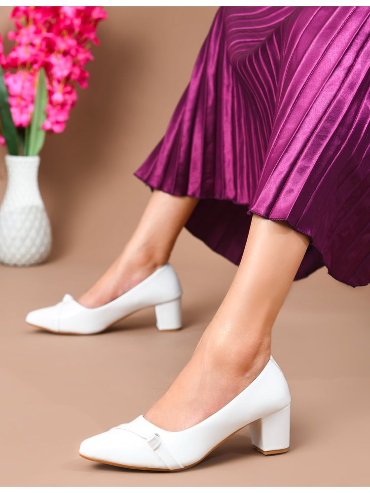 SHUZ TOUCH White Classic Patent Block Pumps Heels-image-45