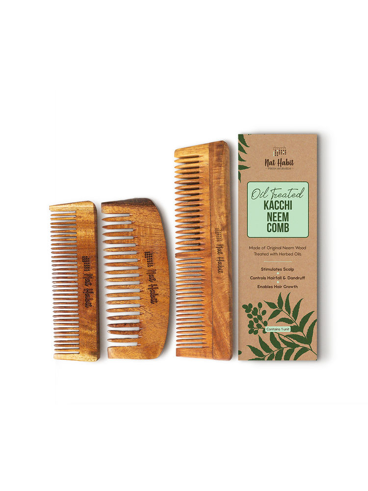 Nat Habit Oil Treated Kacchi Neem Handmade Wooden Comb - Dual + Bounce + Pocket Essentials Combo