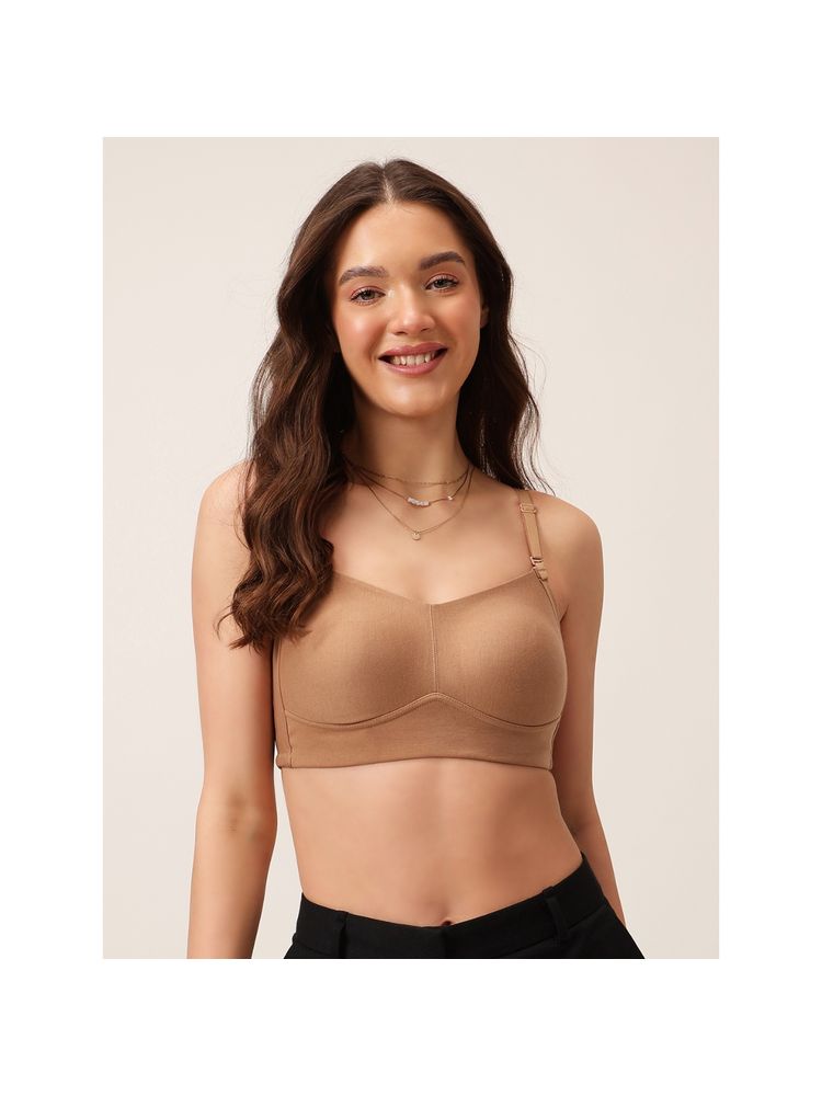 Clovia Cotton Solid Non-Padded Full Cup Wire Free T-Shirt Bra - Beige-image-7