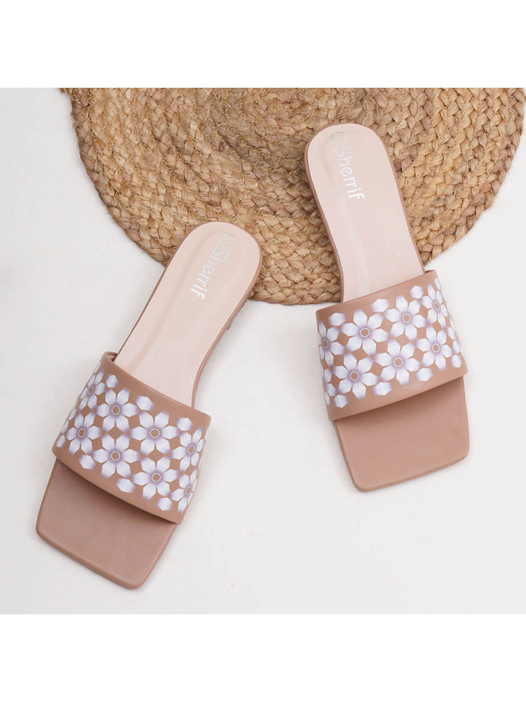 Sherrif Shoes Women Beige Printed Square Toe Flats-image-2