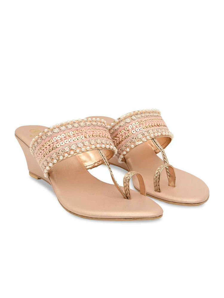 ROCIA By Regal Rose Gold Women Embroidered Wedges Heels Sandals-image-14