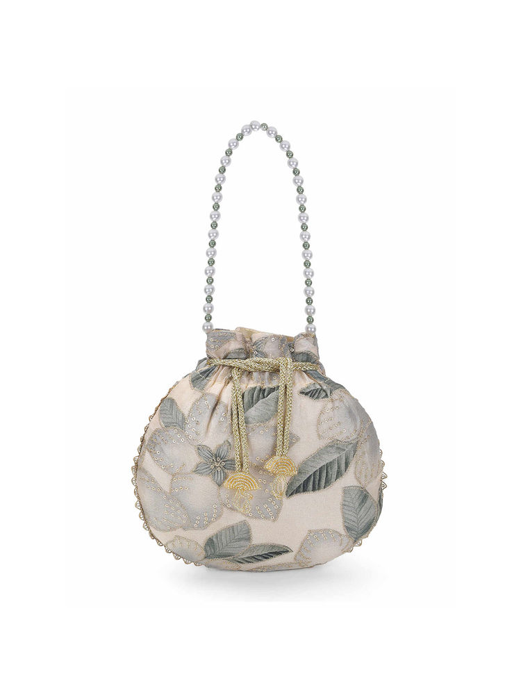 Metro Women Beige Wedding Fabric Floral Potli Bag-image-7