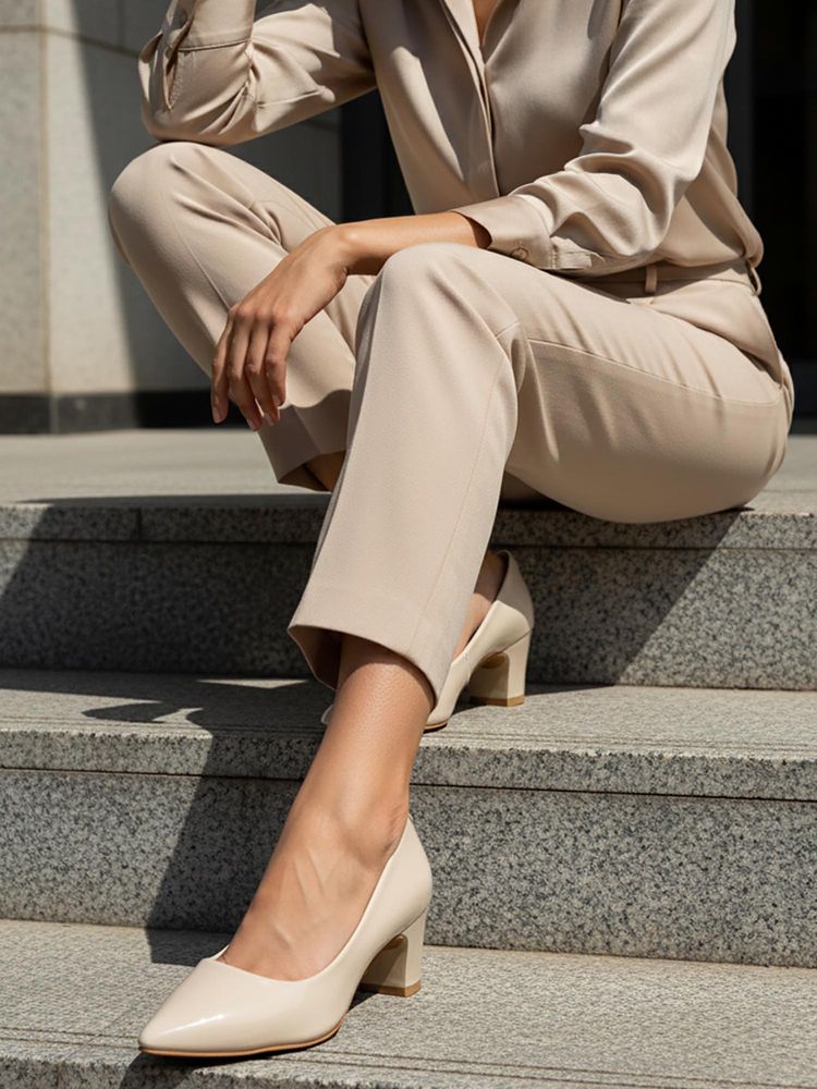 Carlton London Women Pointed-Toe Patent Block Slip On Pump Heel Cream-image-3
