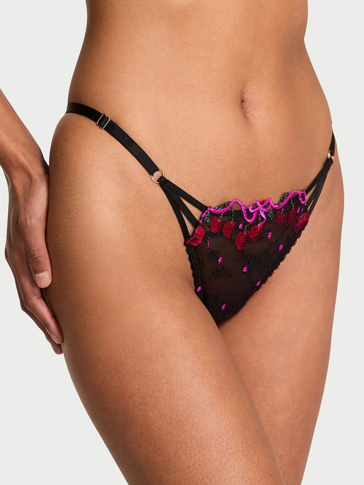 victoria's secret intimates Victoria's Secret Black Very Sexy Cherry Pop Embroidery Strappy Brazilian Panty (M)-picture-4