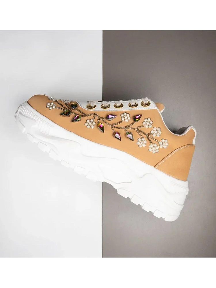 RETTROSE The Joanna Luxury Tan Satin Embellished Trainer-image-5