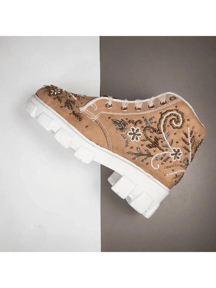 RETTROSE The Nayeli Luxury Tan Satin Embellished Trainer-image-4