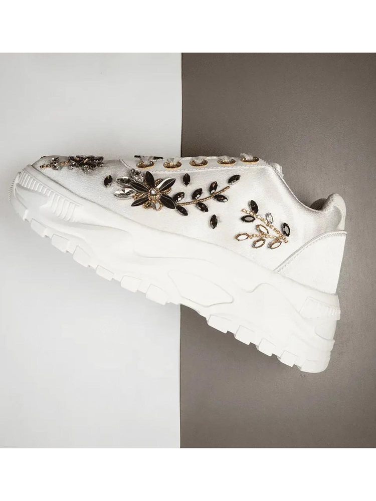 RETTROSE The Gabriella Luxury Cream Satin Embellished Trainer