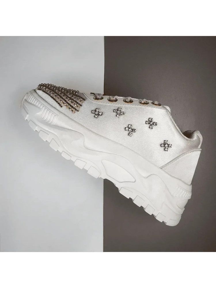 RETTROSE The Jayla Luxury Cream Satin Embellished Trainer-image-4