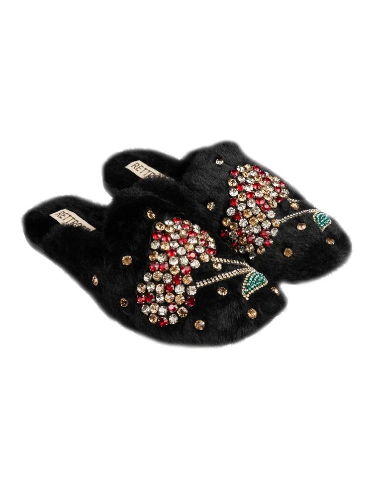 RETTROSE The Georgie Black Luxury Fluffy Embellished Slippers