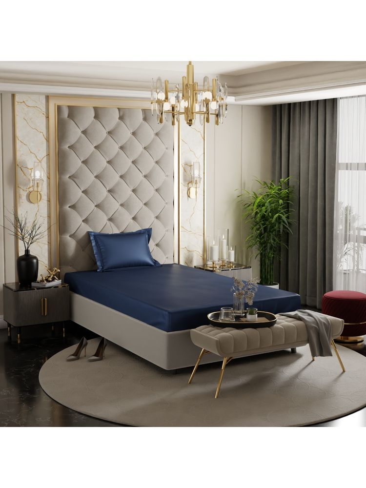 Stoa Paris Navy Blue Satin Single Fitted Sheet with 1 Pillow Cover-image-8
