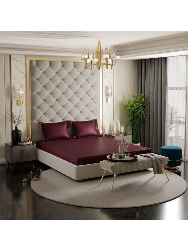 Stoa Paris Wine Satin Fitted Sheet with 2 Pillow Covers-image-2