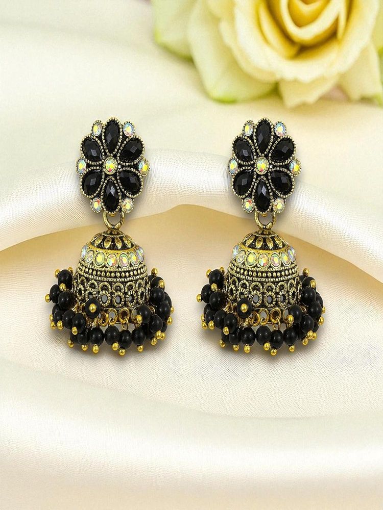 Accessher Antique Gold-Tone Black Beaded Floral Jhumka Earrings-picture-24