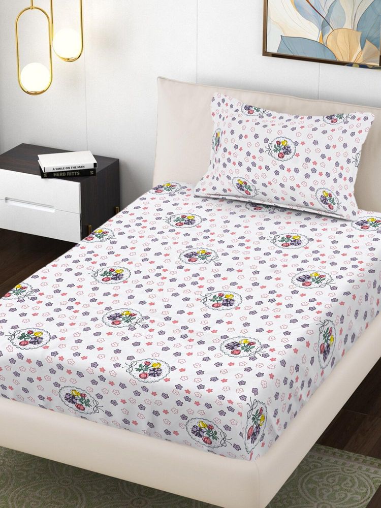 FABINALIV Multi-Color Floral 300 Tc Cotton Blend Single Bedsheet with Pillow Cover-image-44