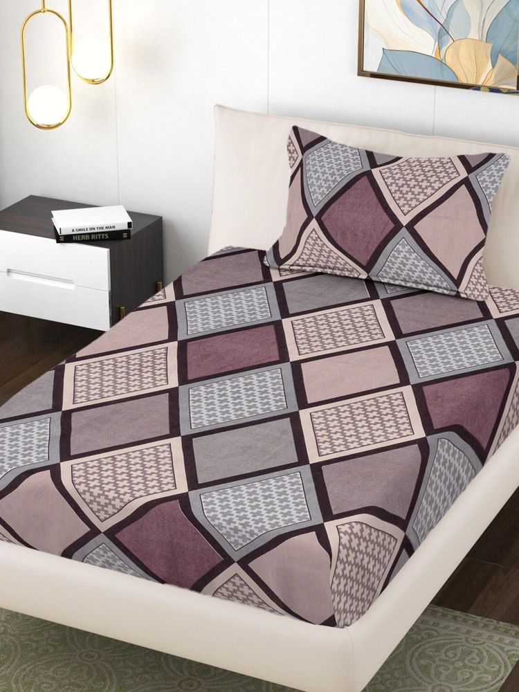 FABINALIV Multi-Color Geometric 300 Tc Cotton Blend Single Bedsheet with Pillow Cover-image-43