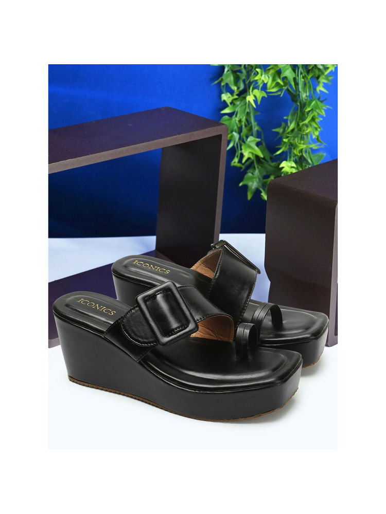 Iconics Womens Black Color Slip On Solid Comfortable Wedges