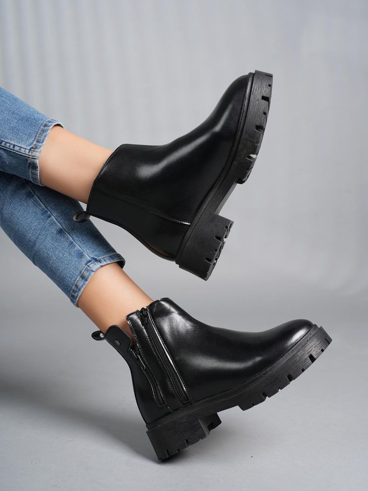Drop Bold Black Round Toe Zipper Chunky Casual Boots For Women-image-41