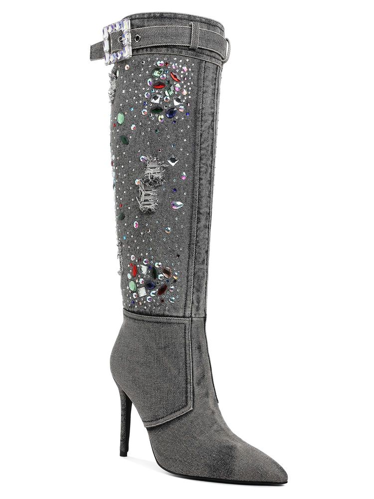 London Rag Grey Multi Color Stones Denim Casual Boots-image-34