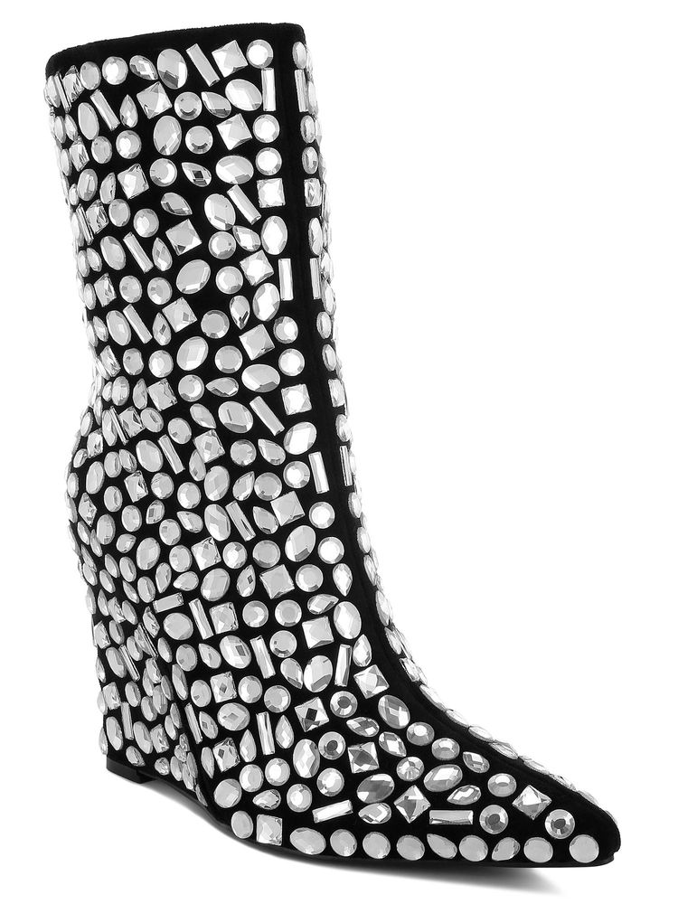 London Rag Black Diamante Slim Wedge Heel Casual Boots-image-18