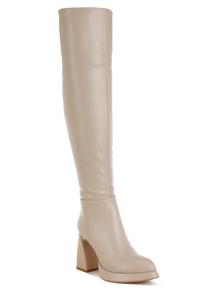 London Rag Beige Faux Leather Knee-High Casual Boots-image-27