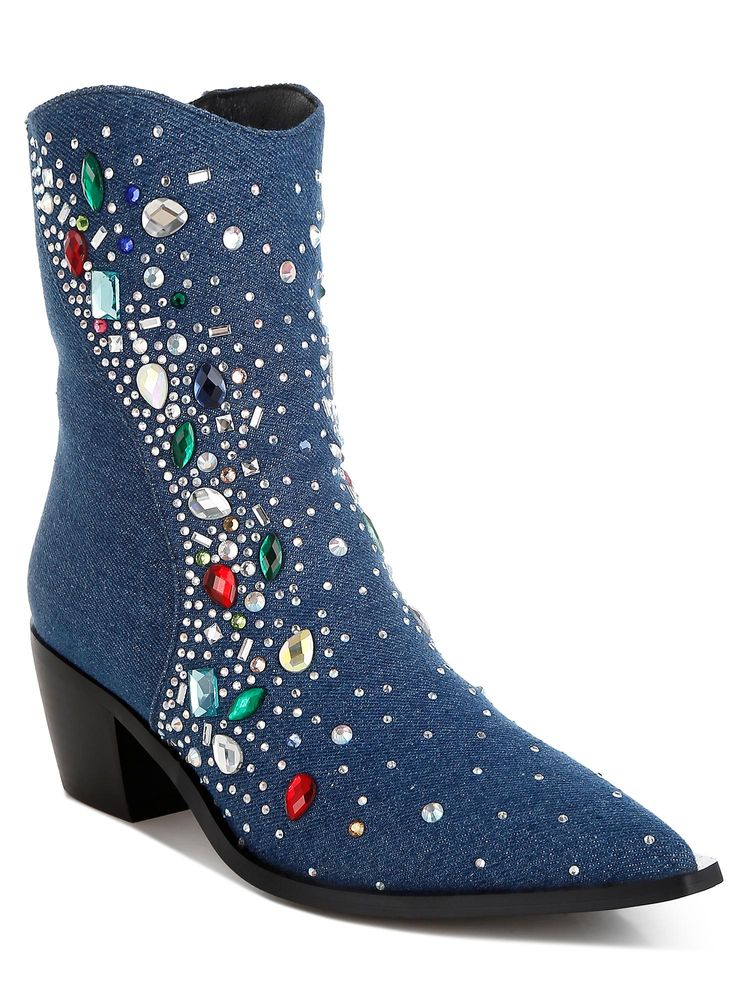 London Rag Navy Blue Multi Color Stones Embellished Casual Boots-image-24