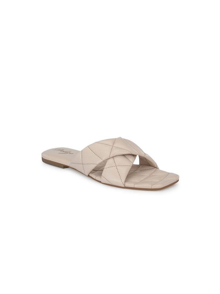 Delize Solid Off-white Solid Vegan Leather, Quilted Cross Strap Flat Sandals-picture-24