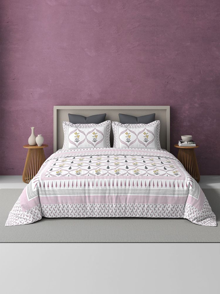BELIHODE Pink 250TC Pure Cotton Jaipuri Block Print Bedsheet (Single)-image-24