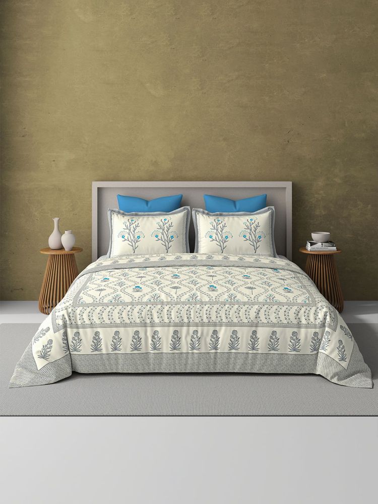 BELIHODE Grey 250TC Pure Cotton Jaipuri Block Print Bedsheet (Single)-image-41