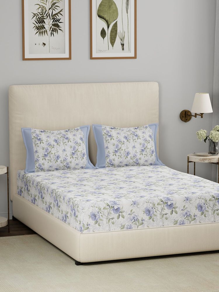 Maspar Blue 200TC Cotton Floral Print Bedsheet with 2 Pillow Covers-image-34