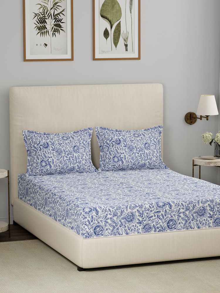 Maspar Blue 144TC Cotton Floral Print Bedsheet with 2 Pillow Covers (King)-image-35