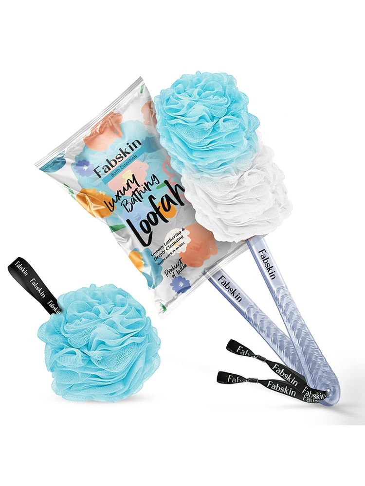 Fabskin Loofah Duo Pack- Bath Brush With Long Handle & Round Loofah- For Men & Women- Blue & White-image-4
