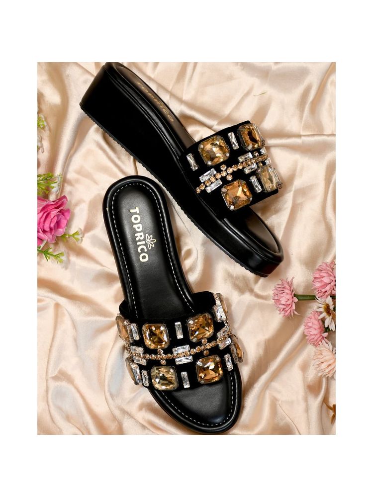 Toprico Love Embellished Black Wedges Heels