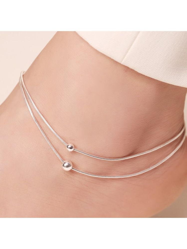 Zavya Double String Bead Rhodium Plated 925 Sterling Silver Chain Anklet-image-10