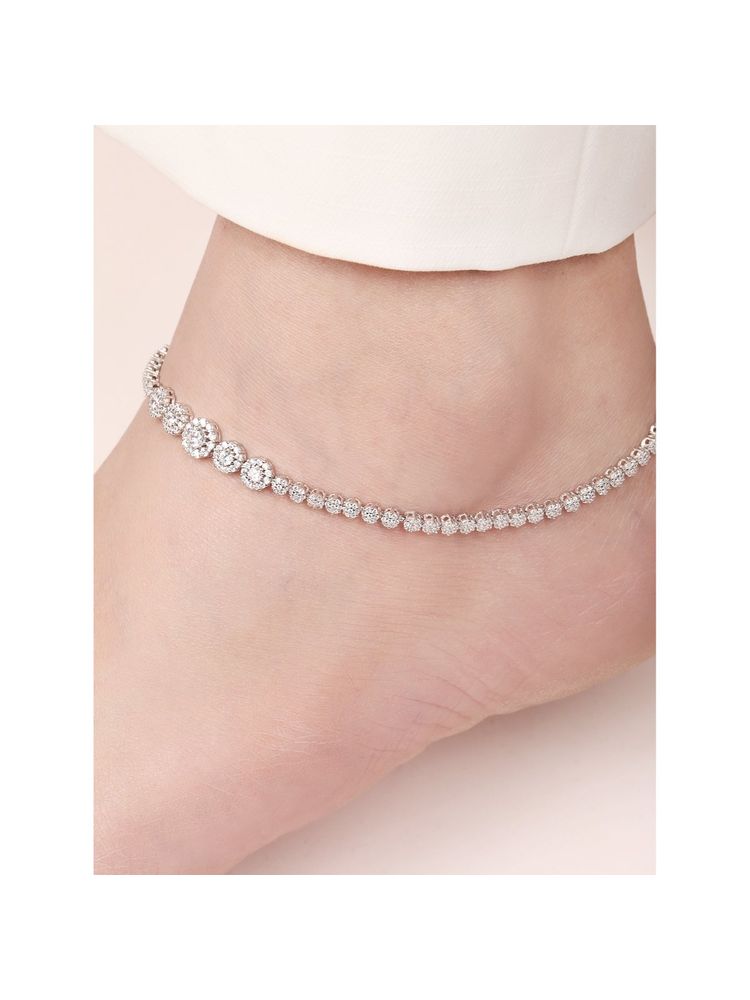 Zavya Glimmering Fusion Floral CZ Rhodium Plated 925 Sterling Silver Anklet-picture-1