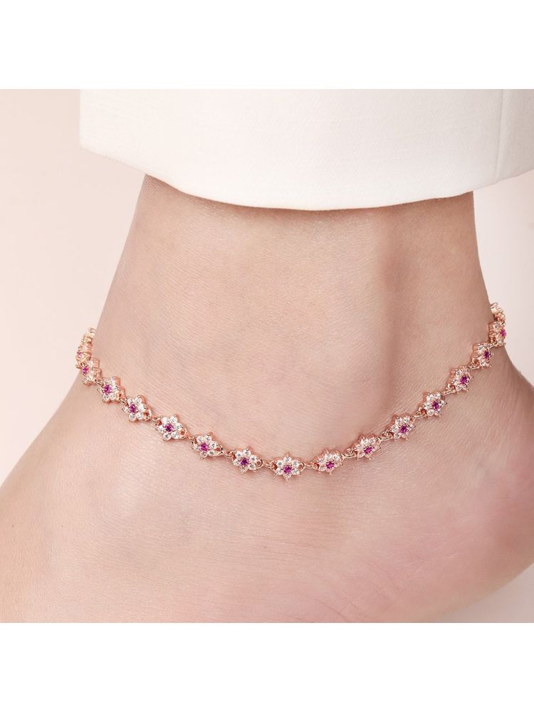 Zavya Floral Cubic Zirconia Rose Gold Plated 925 Sterling Silver Women's Anklet-picture-41