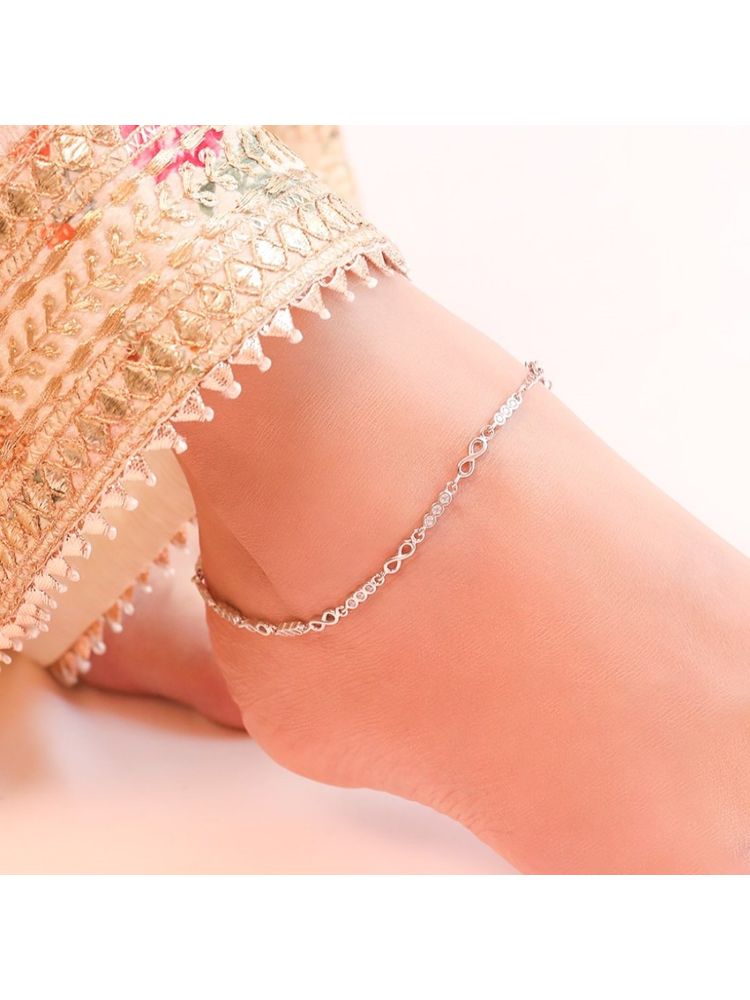 Zavya Infinity Cubic Zirconia Rhodium Plated 925 Sterling Silver Anklet-picture-18