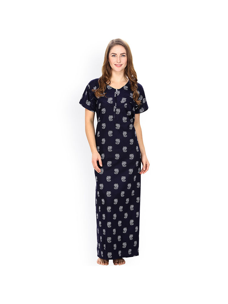 Secret Wish Women's Cotton Navy Blue Printed Maternity Nighty (Free Size)-picture-10